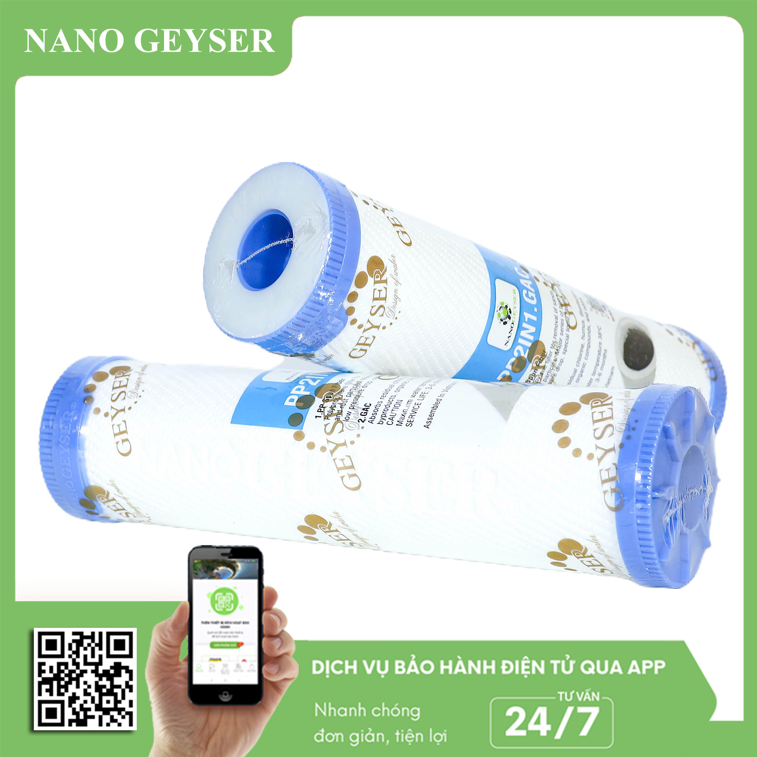 Lõi lọc nước số 1 máy NANO, Lõi PP.2IN1.GAC Nano Geyser, Dùng cho các dòng máy lọc nước NANO, UF, Geyser Eco, Ecotar, TK - Hàng Chính Hãng