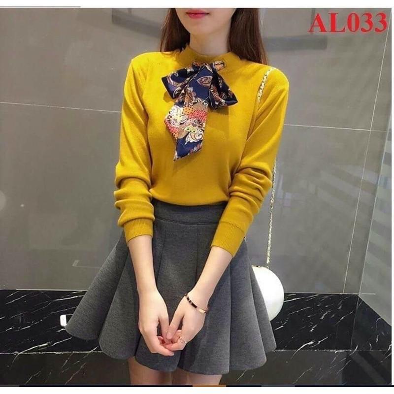 Áo cổ lọ thun gân kèm dây buộc nơ thu đông