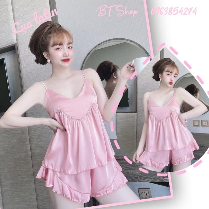Đồ ngủ mặc nhà lụa latin 2 dây đùi trơn bèo freesize 42-57kg
