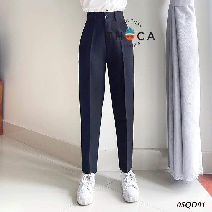 Quần baggy nữ công sở kiểu lỡ nút trơn đen 186 THOCA HOUSE chuẩn form cao cấp, tôn chân dài