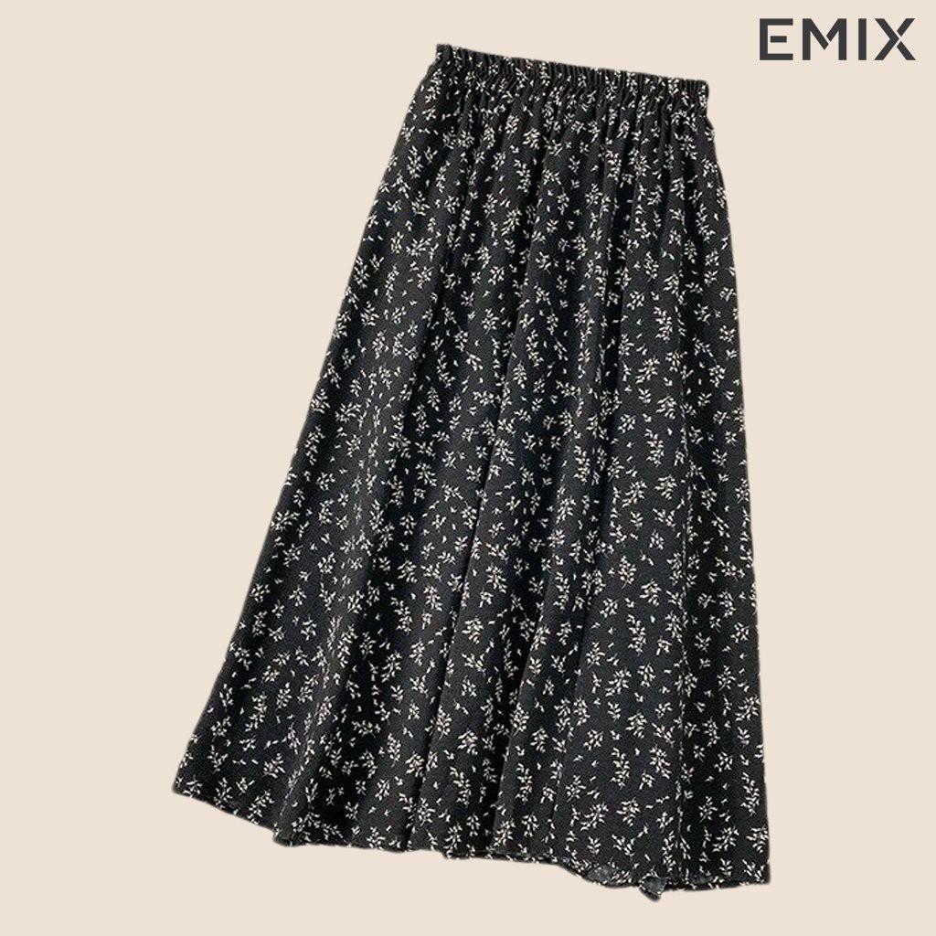 Chân váy nữ hoa nhí hoa đen EMIX , ulzzang, dáng dài, cạp chun, vải lụa mềm, co giãn, 1 lớp nhưng không lộ