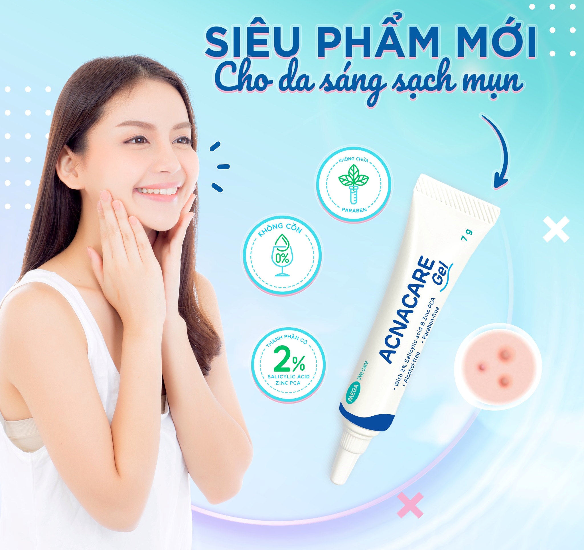 Gel giảm mụn, giảm nhờn, sạch tế bào chết, mềm da - ACNACARE GEL Mega We Care (7g)