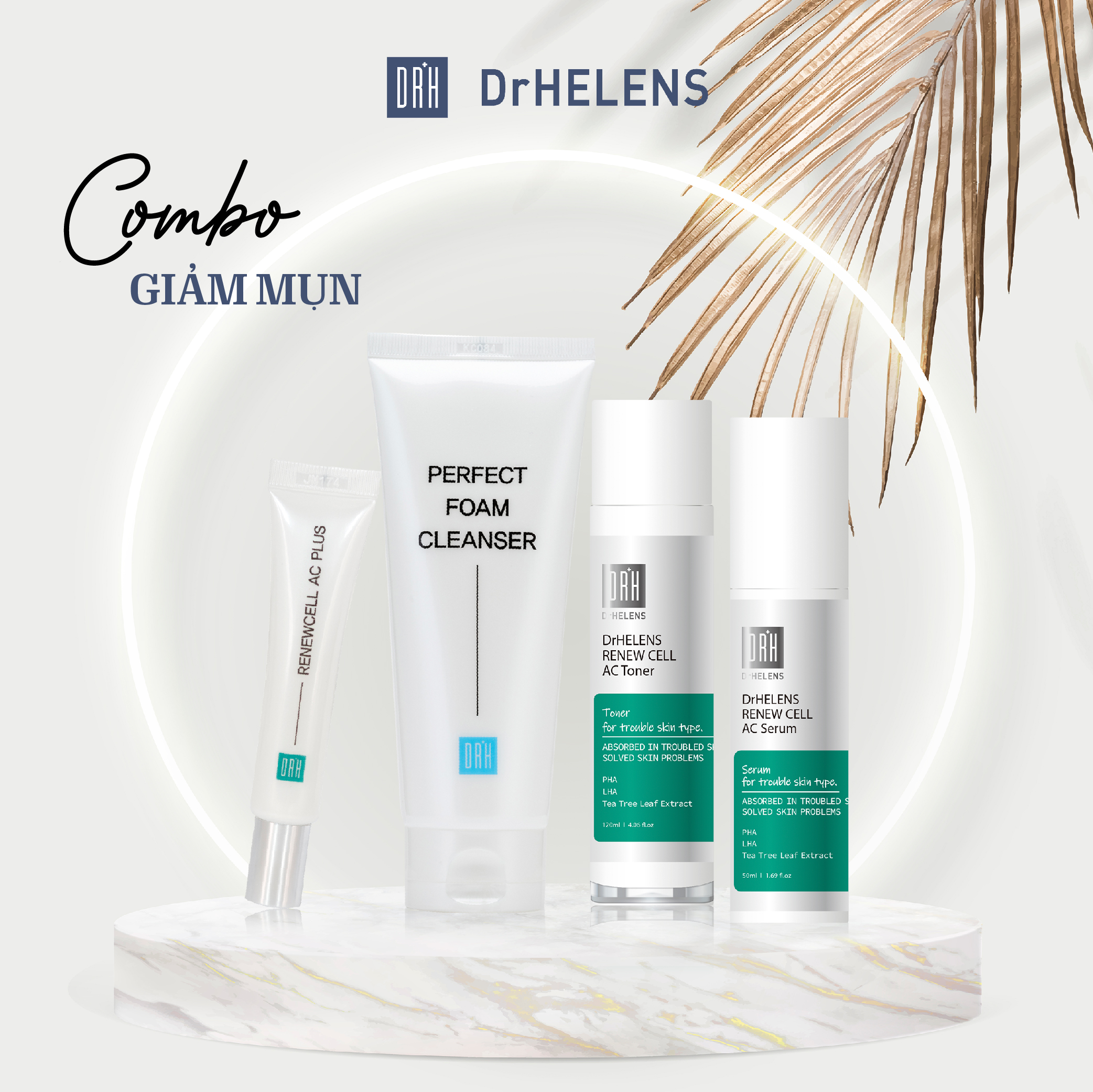 COMBO GIẢM MỤN DRHELENS (Sữa Rửa Mặt, Nước Hoa Hồng, Tinh Chất dưỡng và Gel chấm mụn)