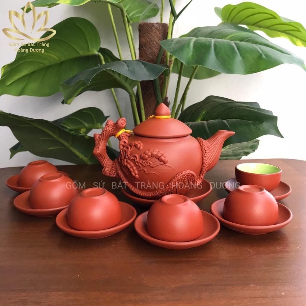 Bộ ấm chén trà Tử sa Bát Tràng đắp nổi Lão Tùng đỏ 400ml