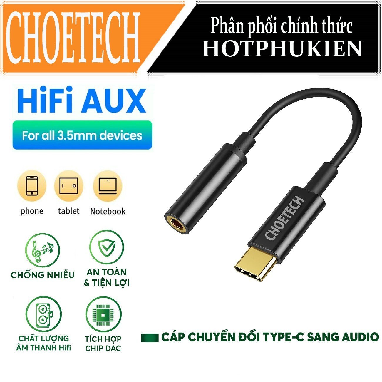 Đầu chuyển adapter Type-C sang jack tai nghe Audio 3.5mm hiệu CHOETECH AUX003 hỗ trợ Macbook Pro, iPad Pro, samsung, huawei, google pixel trang bị chip điều khiển thông minh, chuẩn âm thanh Hifi - hàng chính hãng