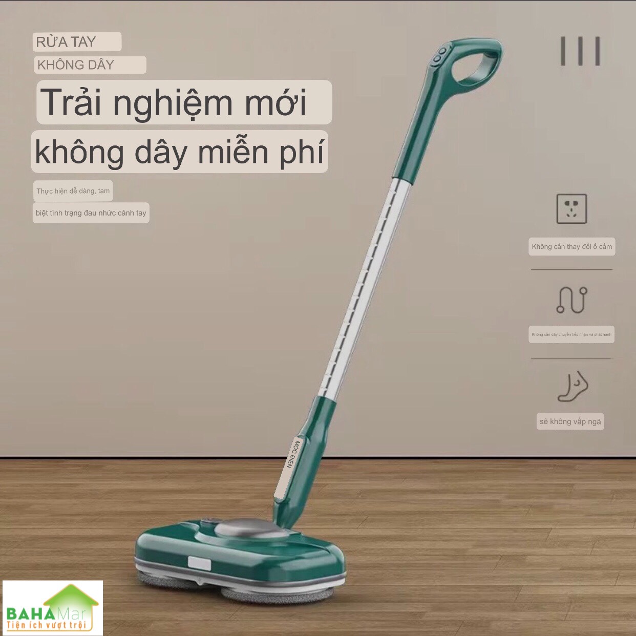 BỘ CÂY LAU NHÀ ĐIỆN KHÔNG DÂY CÓ 2 BÁNH XOAY TỰ ĐỘNG PHUN NƯỚC 3 TRONG 1 "BAHAMAR" Phù hợp dùng: Phòng khách, phòng ngủ, văn phòng, nhà bếp