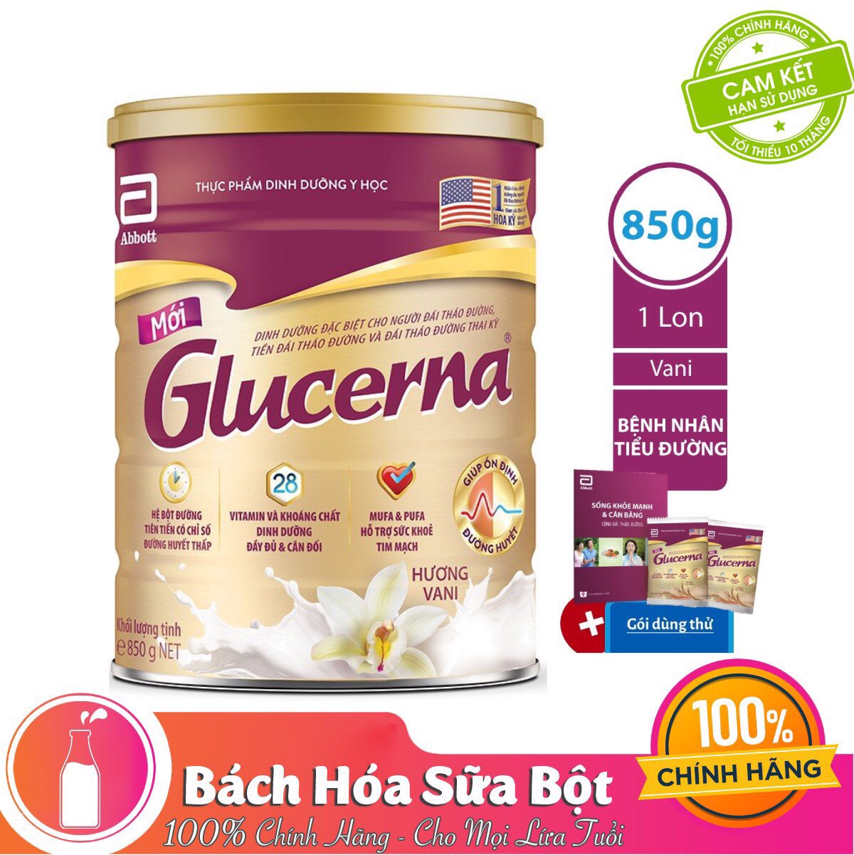 Sữa Bột Abbott Glucerna GLVLA Dành Cho Người Đái Tháo Đường Và Tiền Đái Tháo Đường (850g) - Tặng Bộ 2 Gói Glucerna Lúa Mạch 52,1g