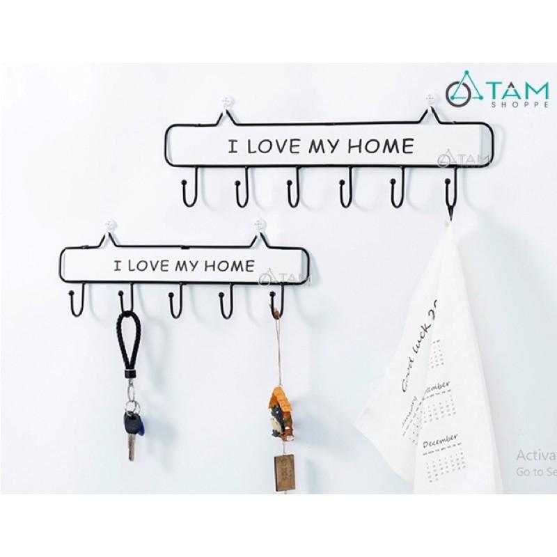 Móc treo đồ trang trí gắn tường chữ I LOVE MY HOME bằng gỗ (tặng kèm móc dán tường)-Móc treo decor dán tường loại 4 móc.