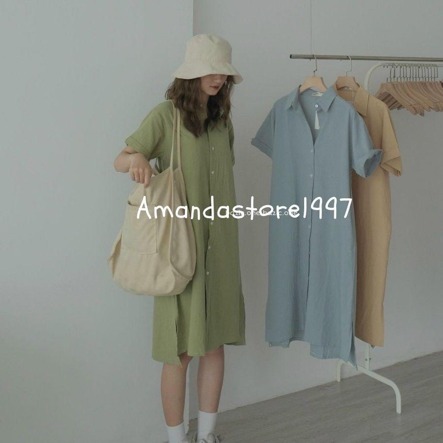 {Amanda} Váy sơ mi cộc tay from rộng vạt lệch hàn quốc, dây thắt nơ eo