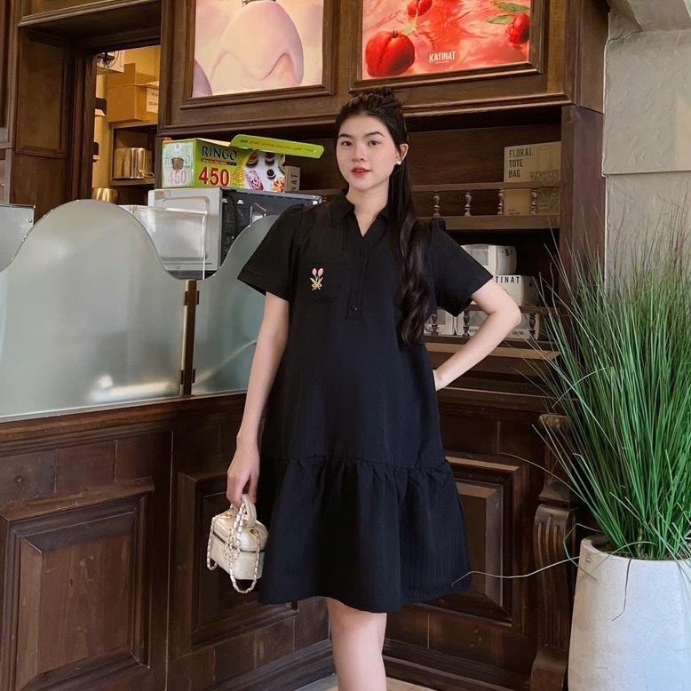 Đầm Bầu Công Sở Cổ Sơ Mi Phối Túi Thêu Phom Đuôi Cá Dễ Thương - Xanh sọc