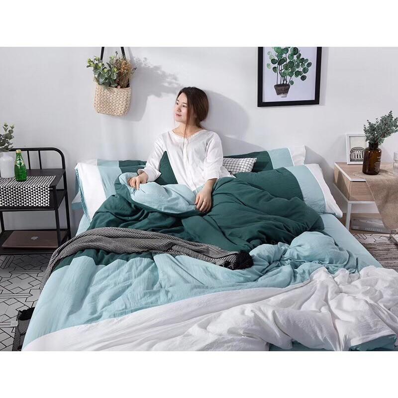 Set Bộ vỏ chăn ga gối cotton đũi phối 3 màu cao cấp - xanh đậm trắng đẹp