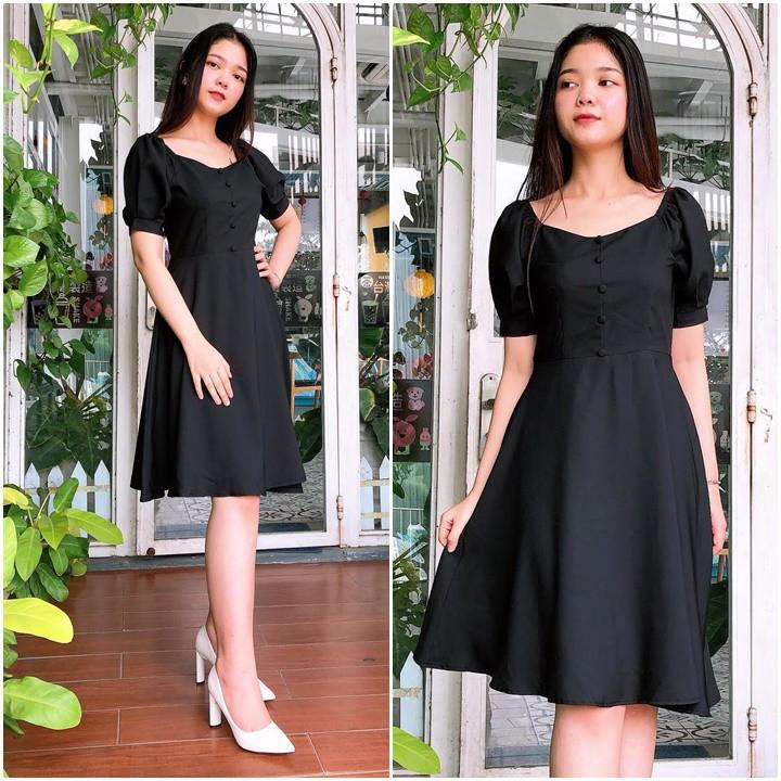 Đầm Xòe Phối Nút Cách Điệu Thời Trang