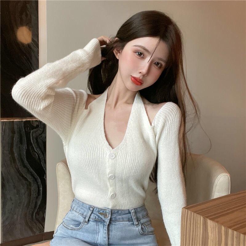 Áo len nữ dài tay cách điệu hở vai cổ yếm hở lưng hàng Quảng Châu đẹp