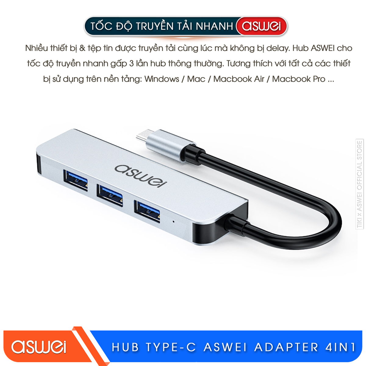 Hub Type C Và Hub USB 3.0 ASWEI 4 in 1 To 4 USB 3.0 - Hàng Chính Hãng