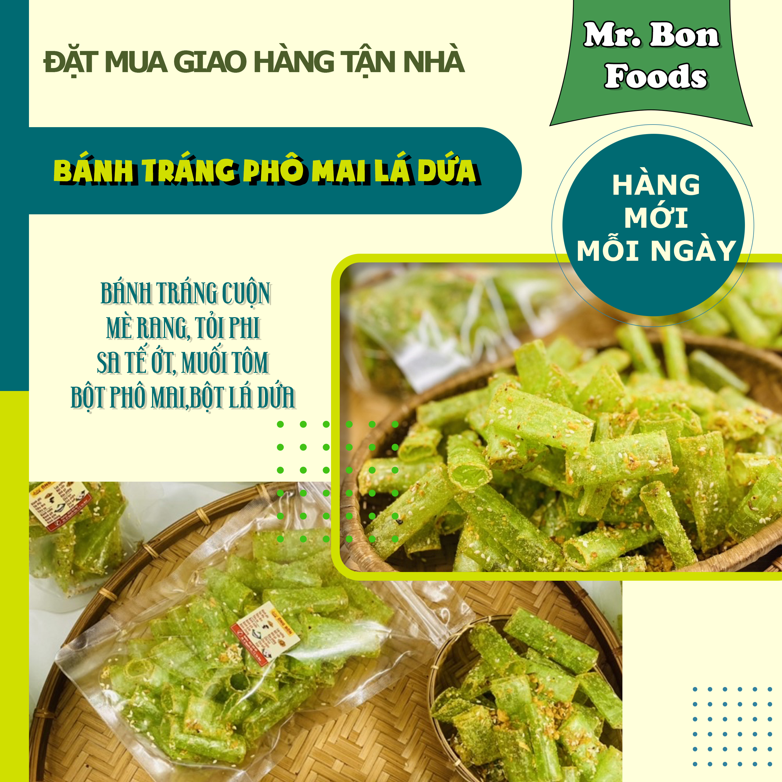 Bánh Tráng Cuộn Phô Mai Lá Dứa - Cay Nhẹ, Thơm Dẻo, Đậm Đà Vị Lá Dứa