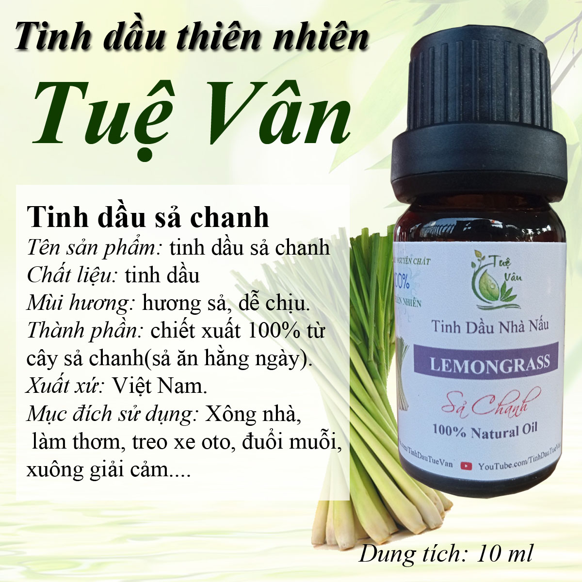 Tinh dầu sả chanh tuệ vân nguyên chất 100% | Lemongrass Essential Oil