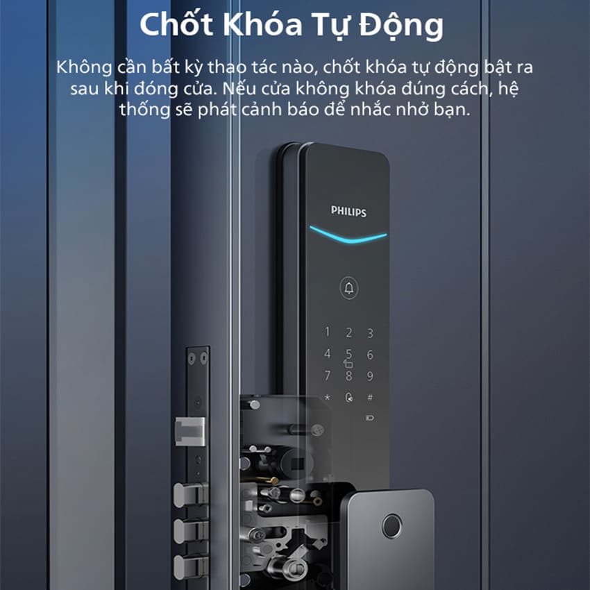 Bộ khóa cửa thông minh Gateway điều khiển từ xa, vân tay, thẻ từ, mật khẩu và chìa cơ, tích hợp kèm chuông cửa Philips DDL801-5HBS - Hàng nhập khẩu