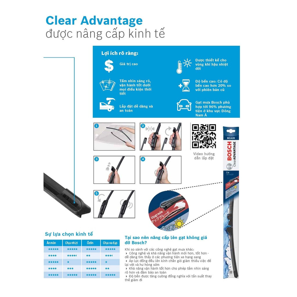 Gạt Mưa Cao Su BOSCH Clear Advantage - Móc Chữ U - Xương Mềm - Đủ Size | Chuyên Dành Cho Xe Châu Á