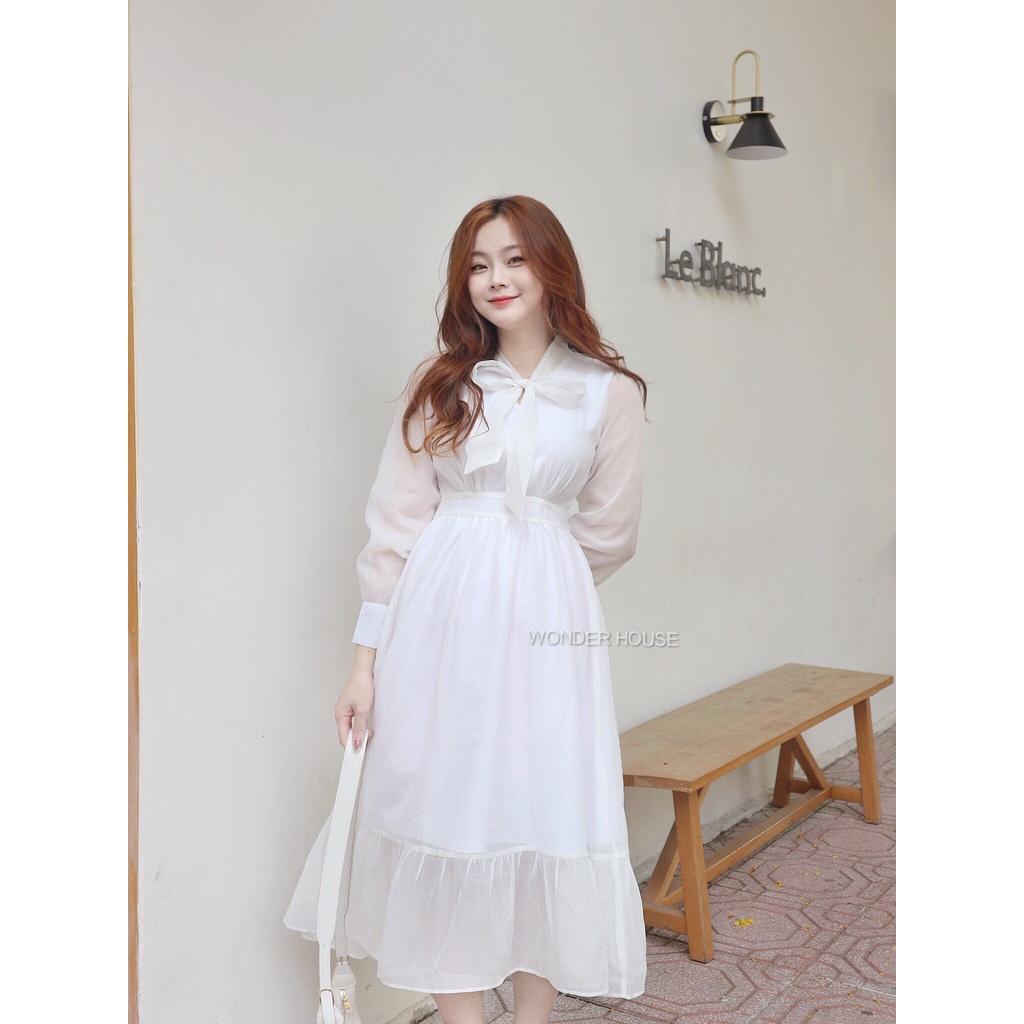 Đầm thiết kế WONDERHOUSE cổ thắt nơ tay dài công sở, dự tiệc chất liệu lụa sang chảnh - Kelly Dress