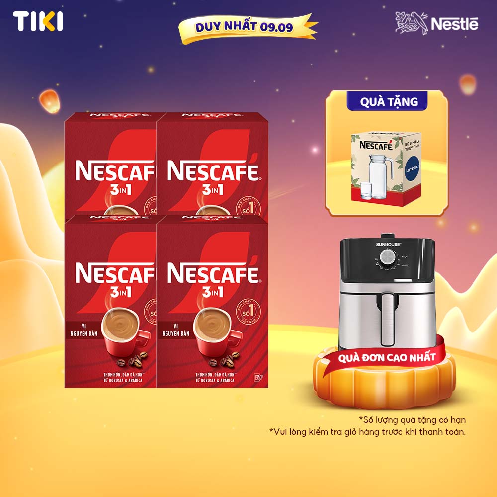 [Tặng Bộ 4 ly thủy tinh Nescafe] Combo 4 Hộp NESCAFE 3IN1 Công thức cải tiến - VỊ NGUYÊN BẢN Hộp 20 gói