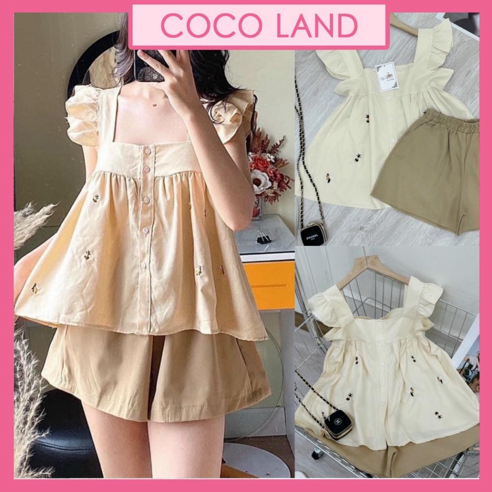 Bộ mặc nhà cánh tiên tổ ong thêu chất đũi lụa mát lạnh mùa hè B110 coco land bánh bèo thời trang nữ