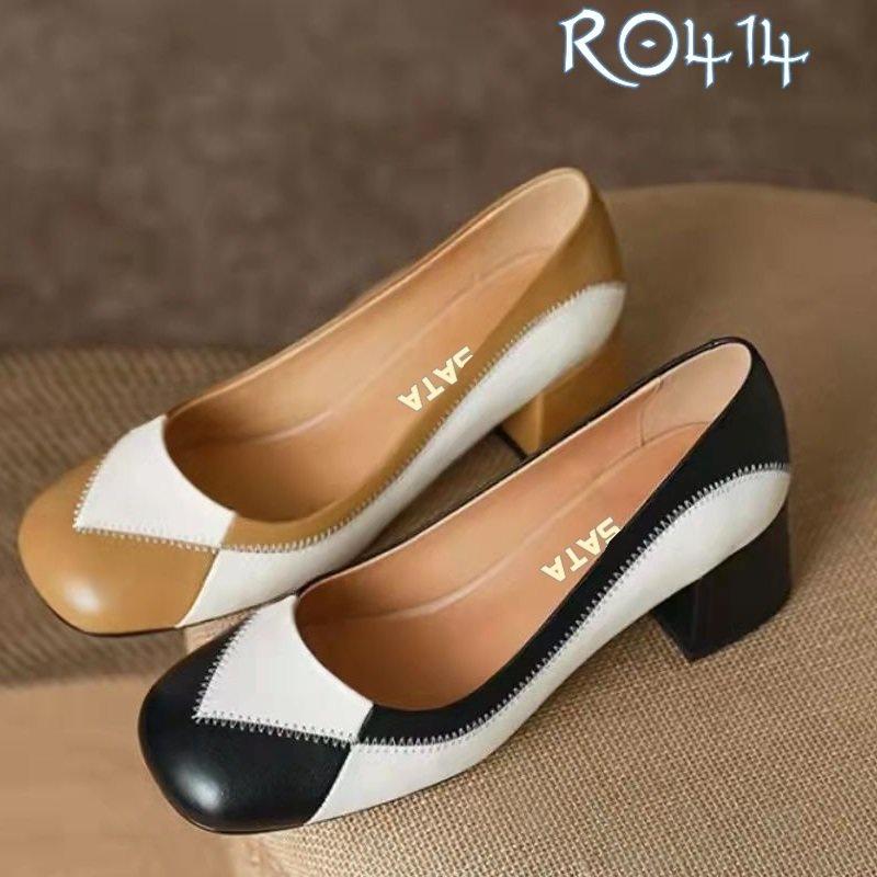 Giày cao gót nữ đẹp đế vuông 4 phân hàng hiệu rosata hai màu đen nâu ro414