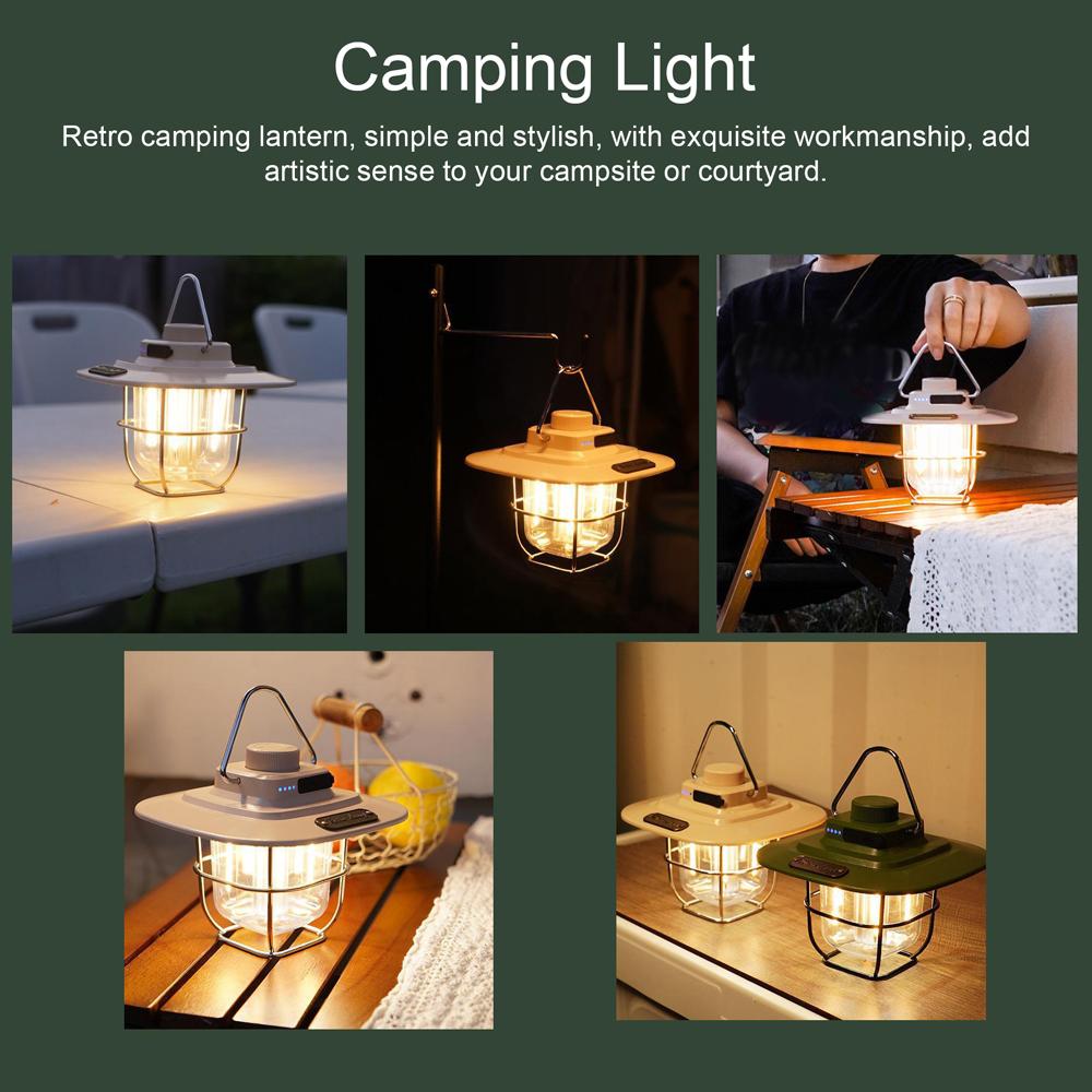 Retro Camping Light LED Campsite Lantern Rechargeable Tent Lamp Waterproof Portable Power Bank Stepless Dimming for Camping Tent Hiking Fishing