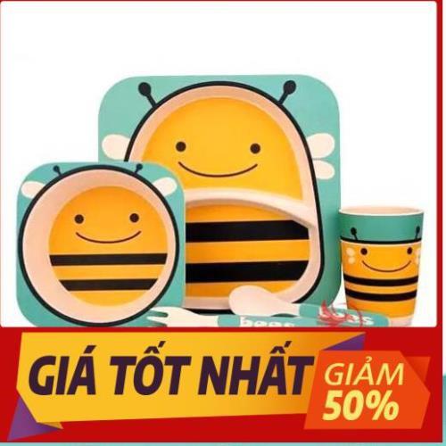 Bộ bát chén khay muỗng ăn dặm cho bé kiểu nhật 5 món đồ kèm thìa dĩa hình thú - bằng sợi tre an toàn FDA/EU
