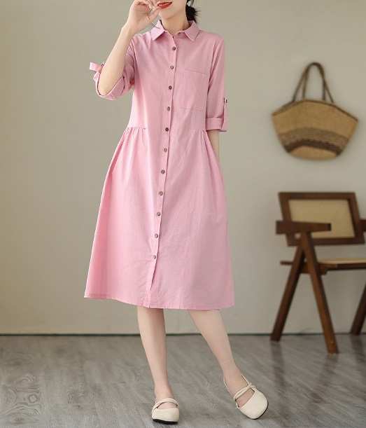 Đầm sơ mi suông dáng xòe thiết kế tay sắn phối 2 túi sườn trẻ trung vải Linen mềm mại