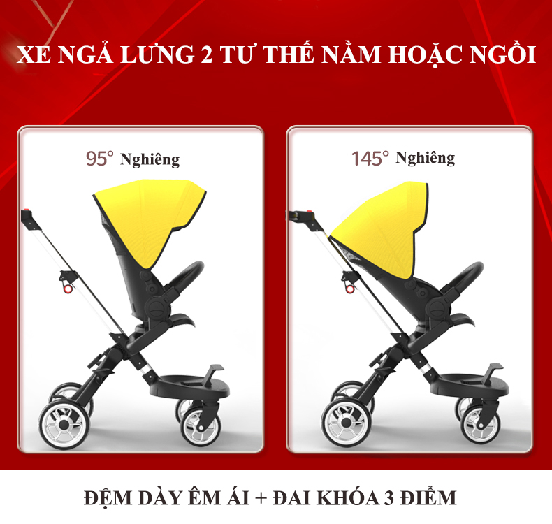 Xe đẩy du lịch 4 bánh 2 chiều 2 tư thế Qiantong ngã lưng 145 độ, ghế ngồi hình trứng bảo vệ bé an toàn, mái che rộng