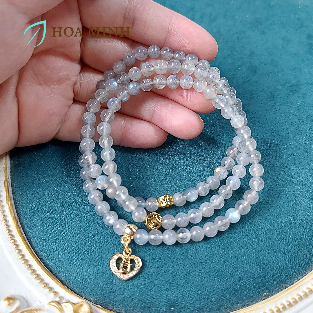 Vòng tay chuỗi 108 hạt đá xà cừ Labradorite Hắc Nguyệt Quang tự nhiên phối charm kim tiền, trái tim ổ khóa đính đá