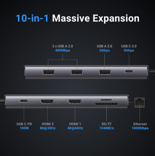 Hub USB-C 10 in 1 Ugreen 15534 CM639, hỗ trợ 2 HDMI 8K30hz và 4K60Hz, 3x USB-A, 1x USB-C, Card Reader, PD100W - Hàng chính hãng