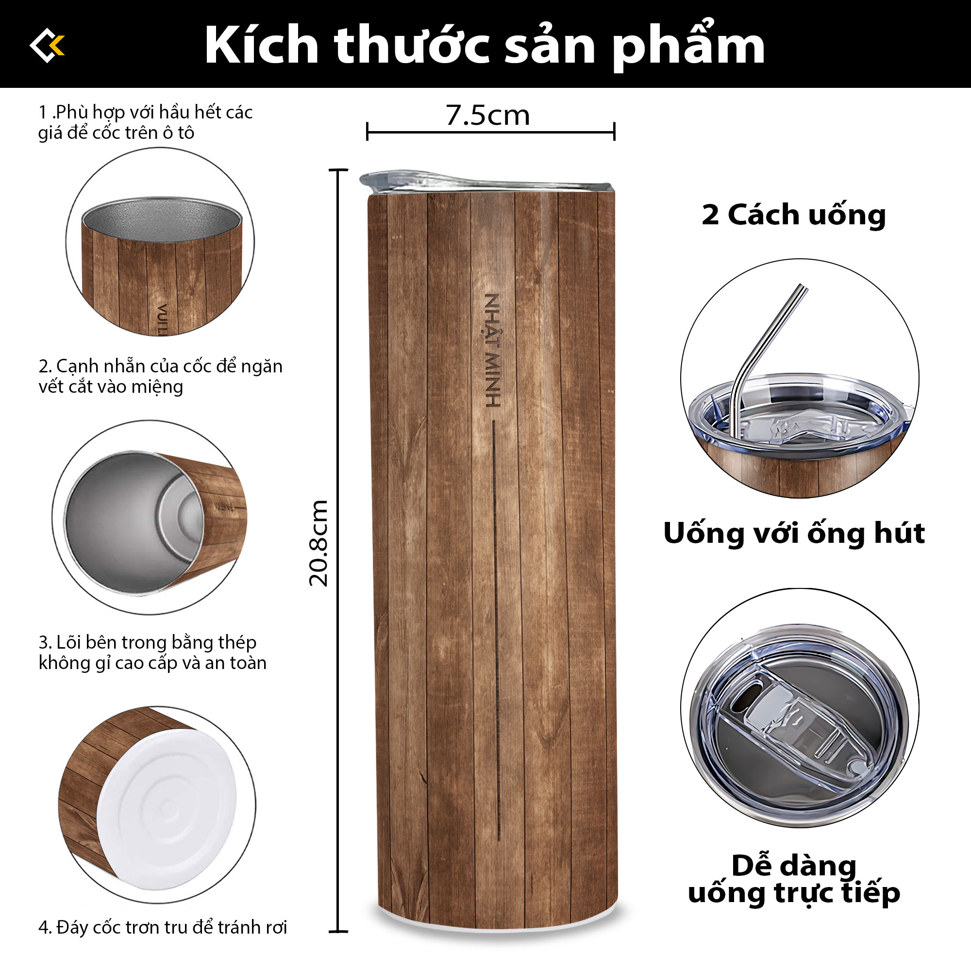 Bình Giữ Nhiệt Họa Tiết Gỗ - Ly Giữ Nhiệt Họa Tiết Gỗ - Bình Nước Họa Tiết Gỗ 2 lớp thép không gỉ SUS304 - 600ml