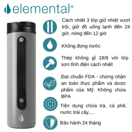 Bình giữ nhiệt Elemental Iconic sport màu xám 590ml, giữ nhiệt vượt trội, inox 304, FDA Hoa Kì, An toàn sức khỏe, có ống hút