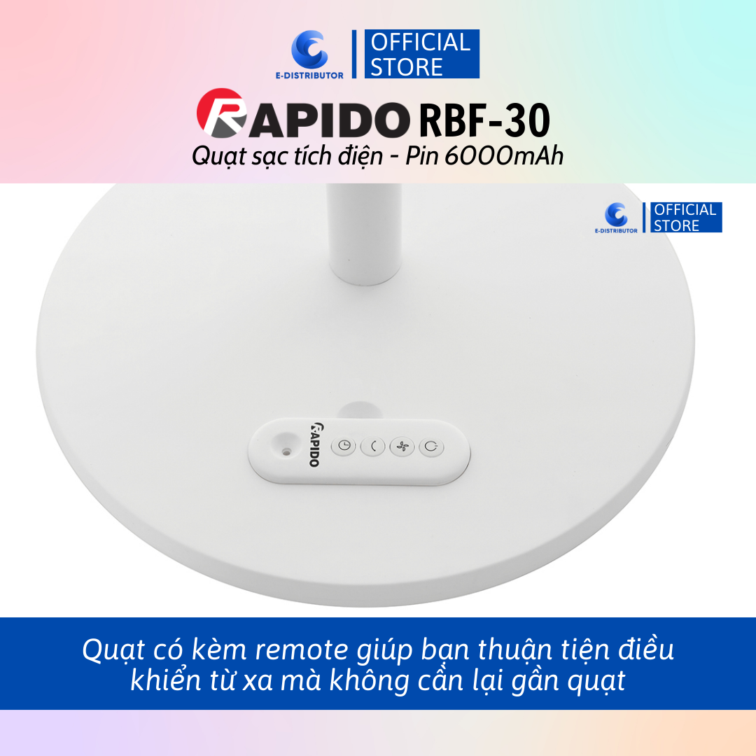 Quạt sạc điện có điều khiển Rapido RBF-30 (Pin 6000mAh) - Hàng chính hãng - Công suất: 30W  - Chế độ gió: Gió thường