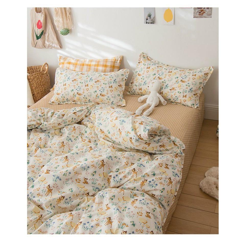 Bộ chăn ga gối Cotton poly M2T bedding Con nai nâu, vỏ chăn mền, drap nệm và 2 vỏ gối