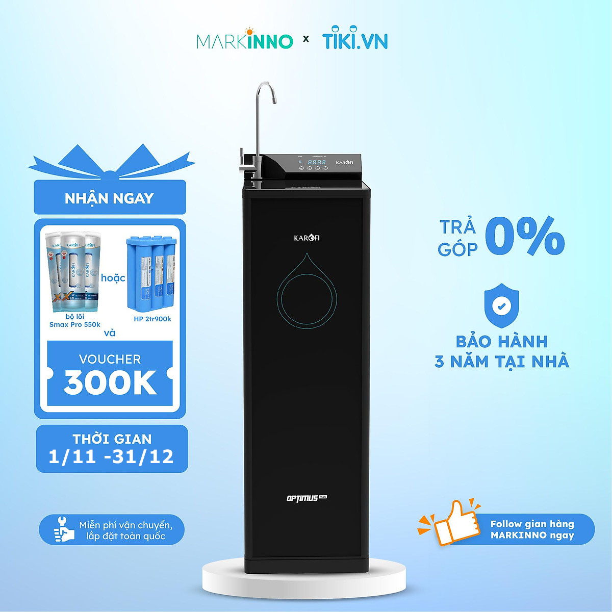 Máy lọc nước sạch KAROFI OPTIMUS PLUS O-P1310 công nghệ 10 lõi SMAX, hệ thống cảnh báo thay lõi hàng chính hãng