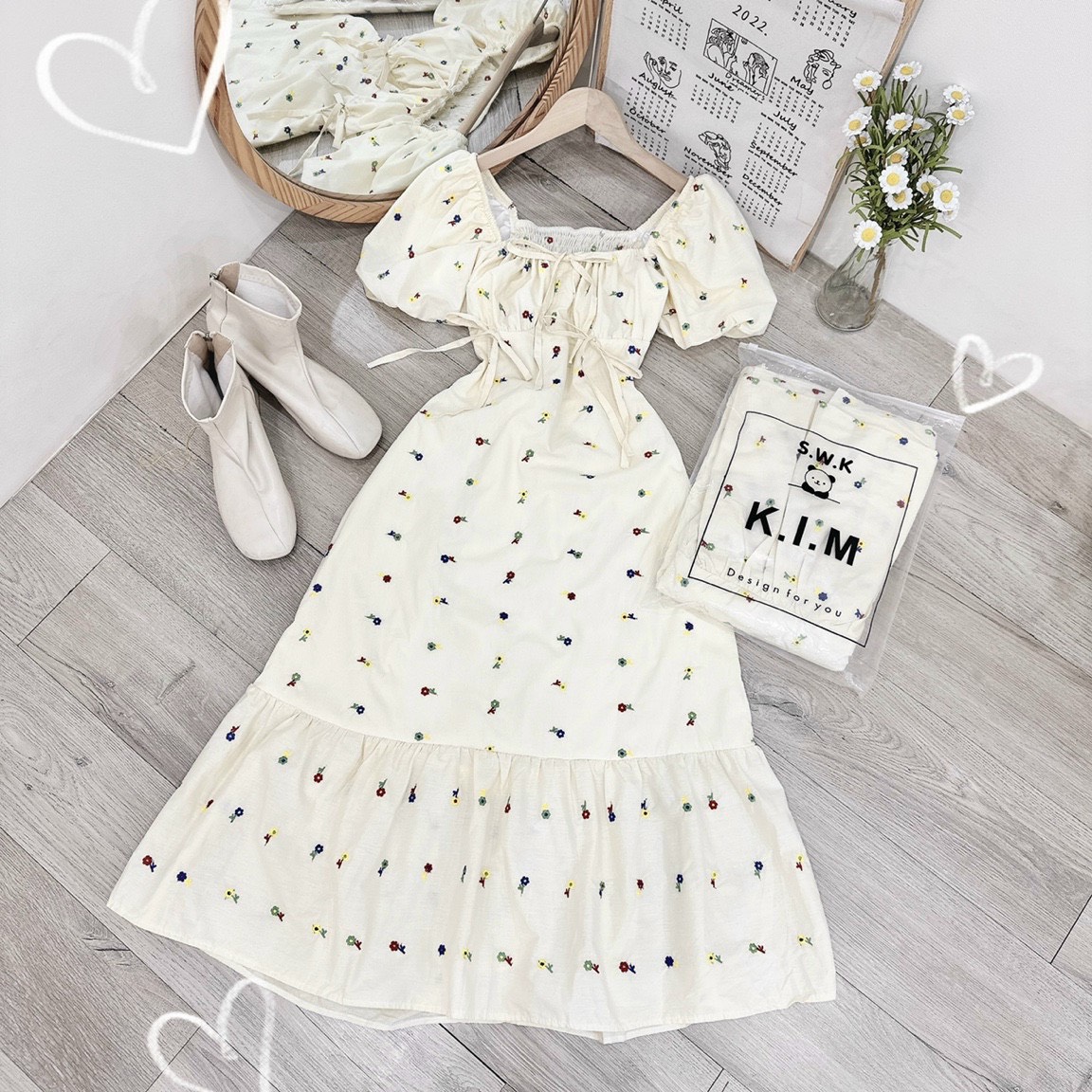 ĐẦM SUÔNG DÀI CỔ U HOA FLORAL TAY NGẮN BỒNG VÁY XẾP LY NHẸ ĐI BIỂN DẠO PHỐ DỰ TIỆC