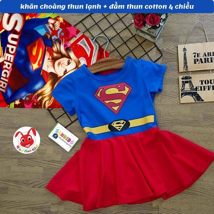Đầm siêu nhân bé gái 11-26kg- Tặng kèm khăn choàng - thun cotton - thấm hút mồ hôi- Hình không bong tróc-Kiến Lửa