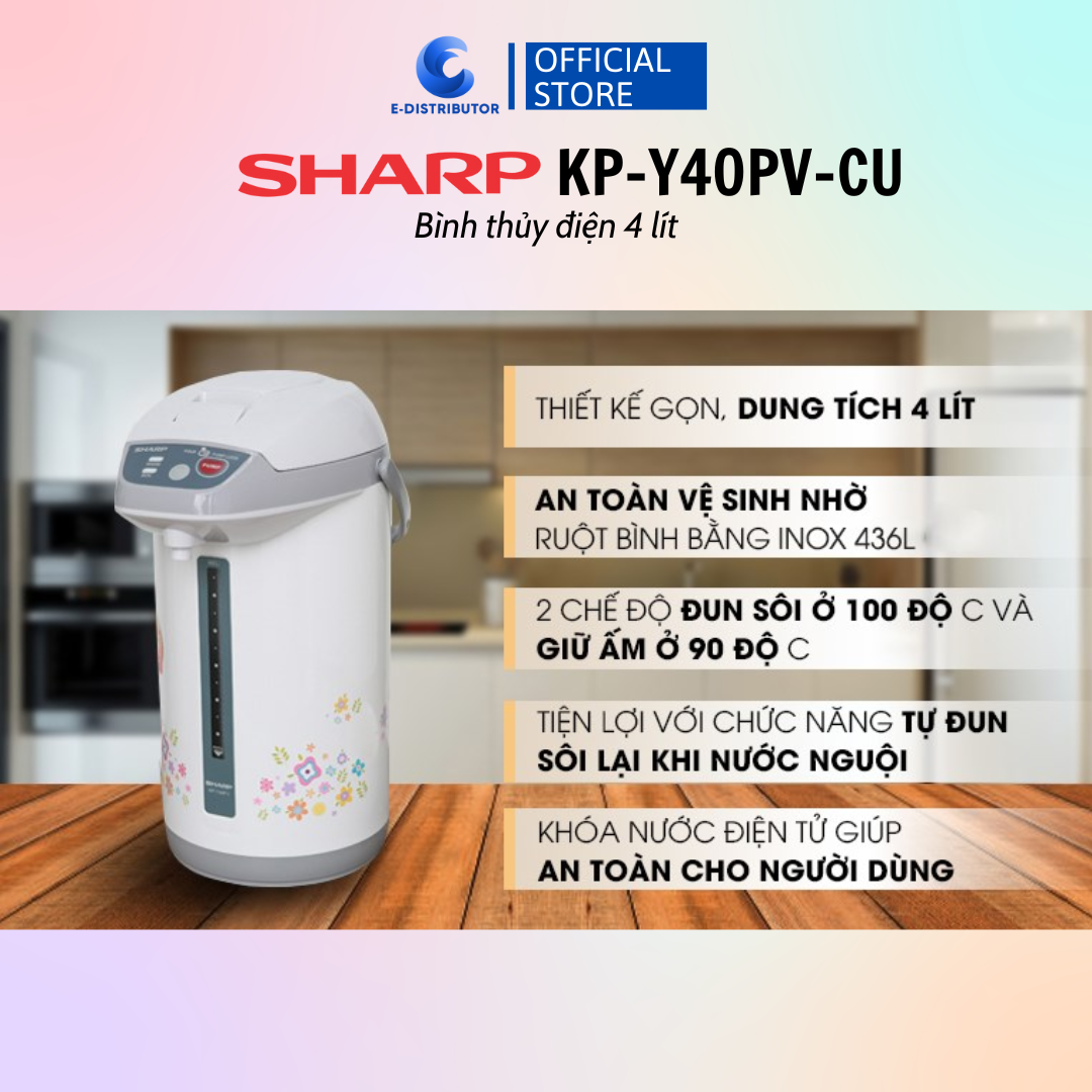 Bình Thủy Điện Sharp KP-Y40PV-CU/RD 4 Lít - Hàng Chính Hãng - Bảo Hành 12 Tháng