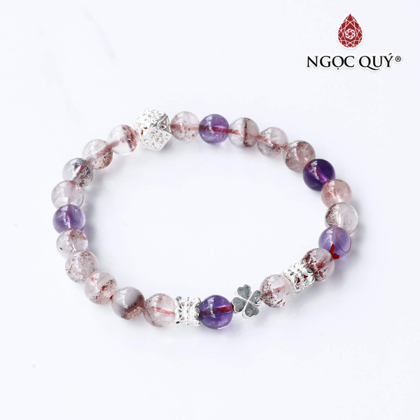 Vòng đá super seven phối charm cỏ 4 lá bạc - Ngọc Quý Gemstones