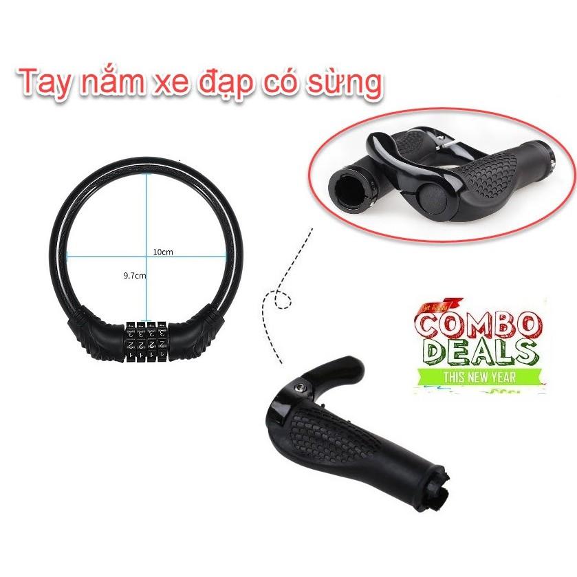 Combo Tay Nắm Cao Su Xe Đạp Có Sừng và khóa chống chộm xe đạp 4 số đổi mã