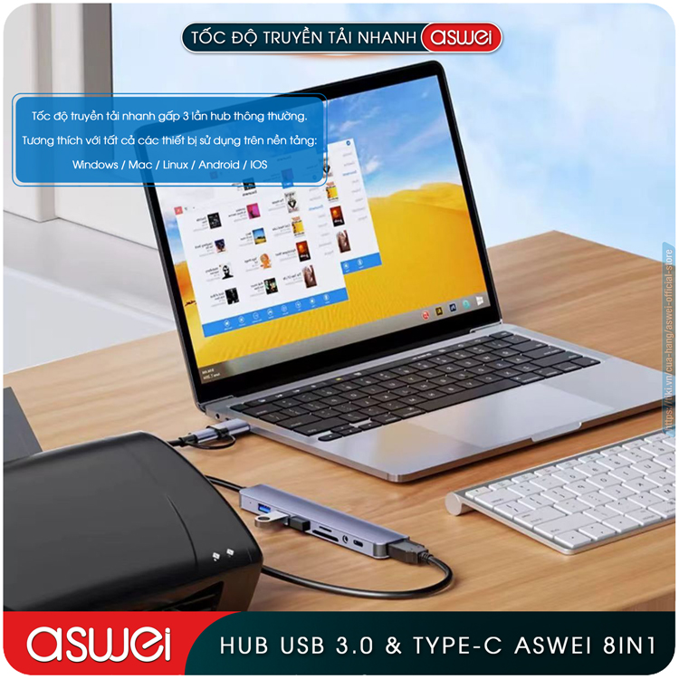 Hub Type C Và Hub USB ASWEI 8 in 1 To USB 3.0, SD, TF, USB C, Audio 3.5mm - Cổng Chia USB, Ổ Chia USB Tốc Độ Cao - Hub Chuyển Đổi USB Type C 8 Cổng Dành Cho Macbook, Laptop, PC, Máy Tính Bảng, Điện Thoại - Hàng Chính Hãng