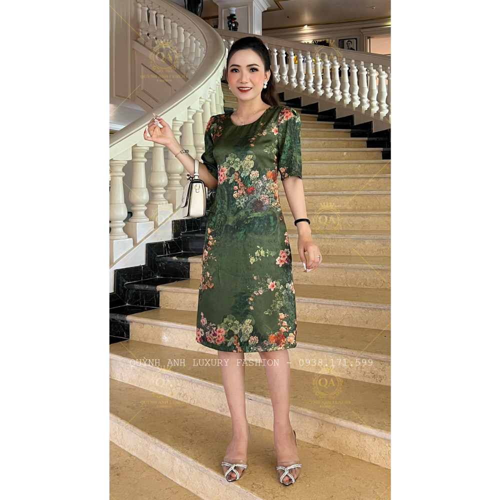 Đầm Suông Hoa 3D Tone Xanh Cổ Tròn Cao Cấp Olwen Dress