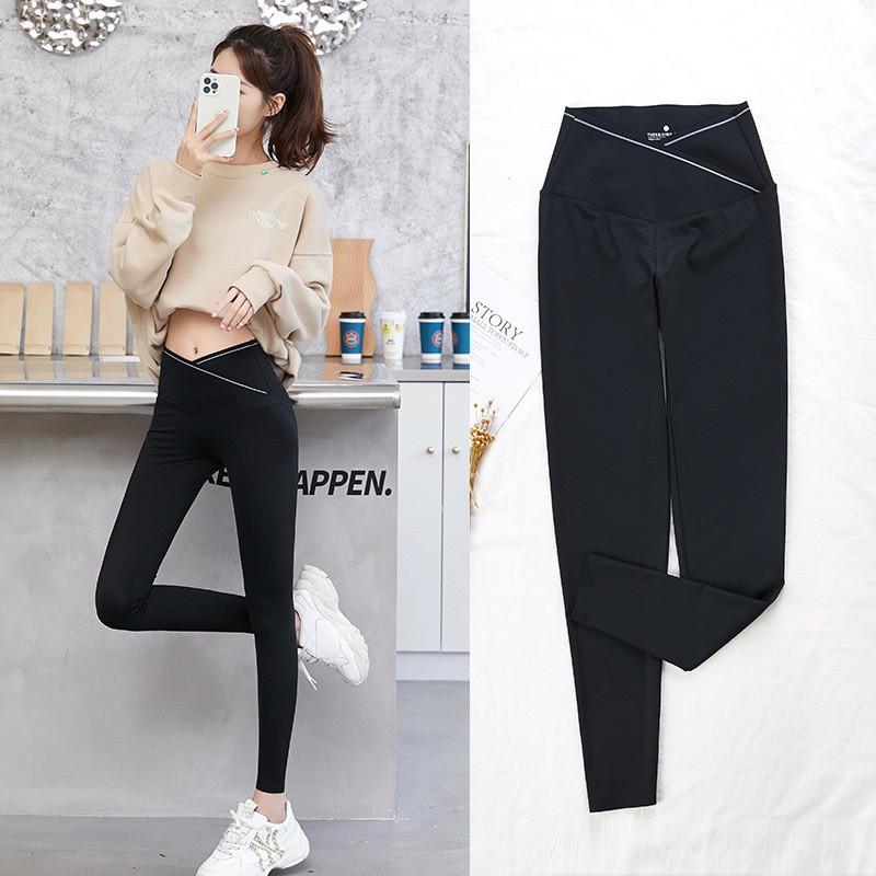 Quần legging nữ cạp cao ghen bụng in chữ cạp chéo thời trang