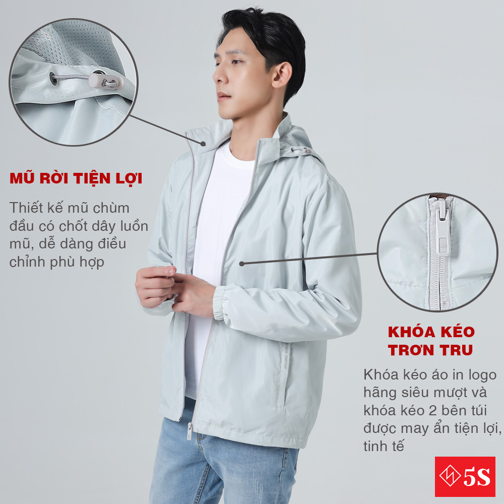 Áo Khoác Nam Vải Gió 5S (7 màu), Mũ Rời, Mềm Mại, Chống Thấm Nước, Cản Gió, Giữ Ấm Cực Tốt (AKG21012