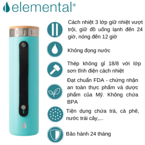 [Hàng chính hãng – Thương hiệu Mỹ] Bình giữ nhiệt Elemental Iconic màu xanh lam 590ml, giữ nhiệt vượt trội, inox 304, FDA Hoa Kì, An toàn sức khỏe, có lưới lọc