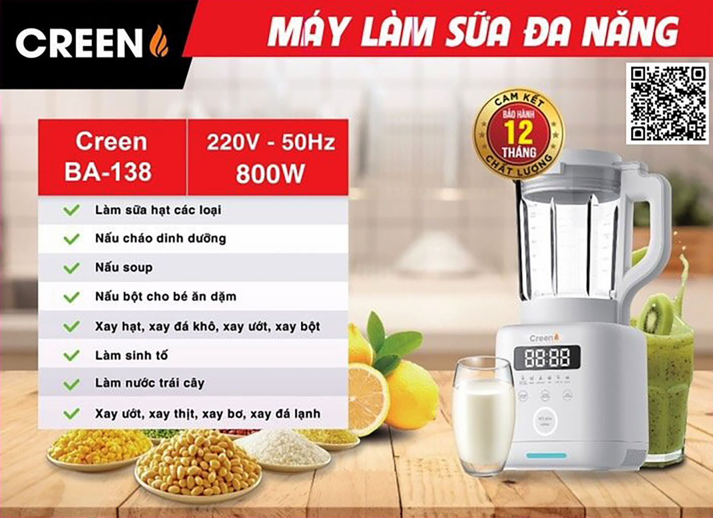 Máy Làm Sữa Hạt Đa Năng CREEN BA-138 Thay Thế 8 Dụng Cụ Nhà Bếp , Dung Tích 1.75L, Công Suất 800W, Thương Hiệu Tây Ban Nha - Hàng chính hãng