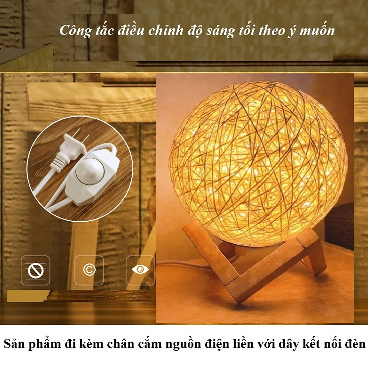 Đèn Ngủ Quả Cầu Mây - Đèn Ngủ Trang Trí Led Blackinner Có Điều Chỉnh Độ Sáng - Hàng chính hãng