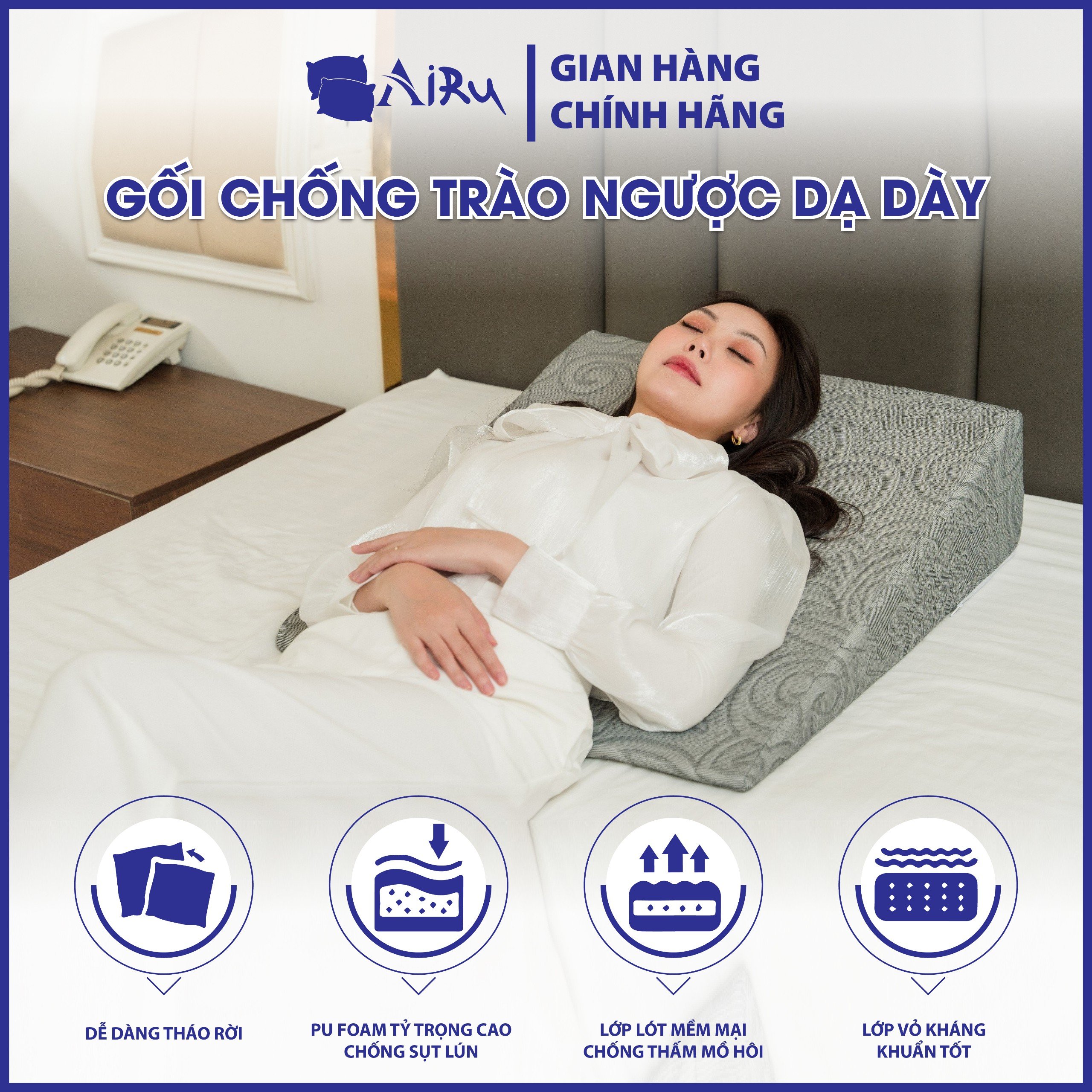 Gối chống trào ngược dạ dày người lớn kích thước 65x60x16cm-Chống trào ngược acid, ợ chua, ợ hơi- Thương hiệu AIRU